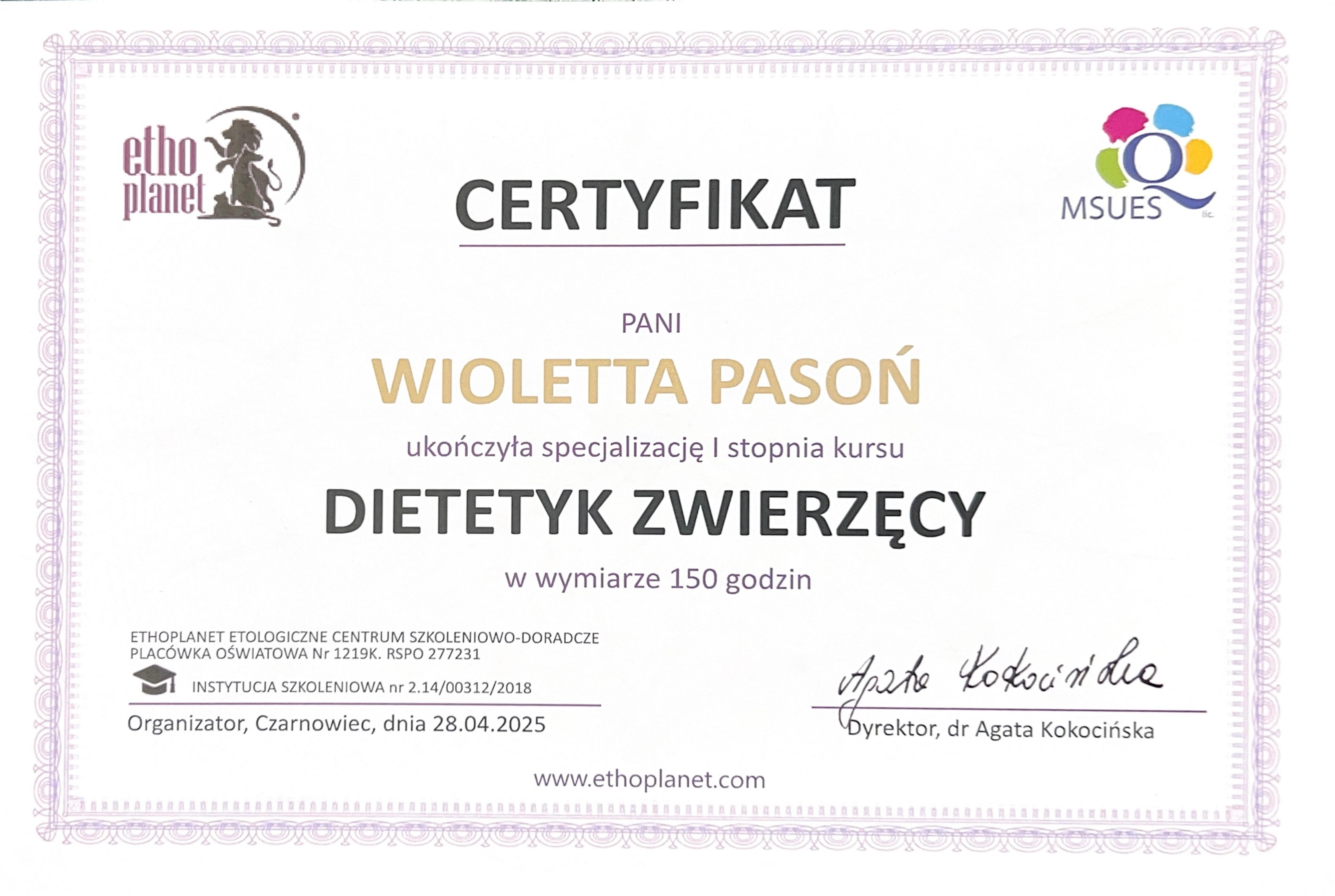 Certyfikat – dietetyk zwierzęcy